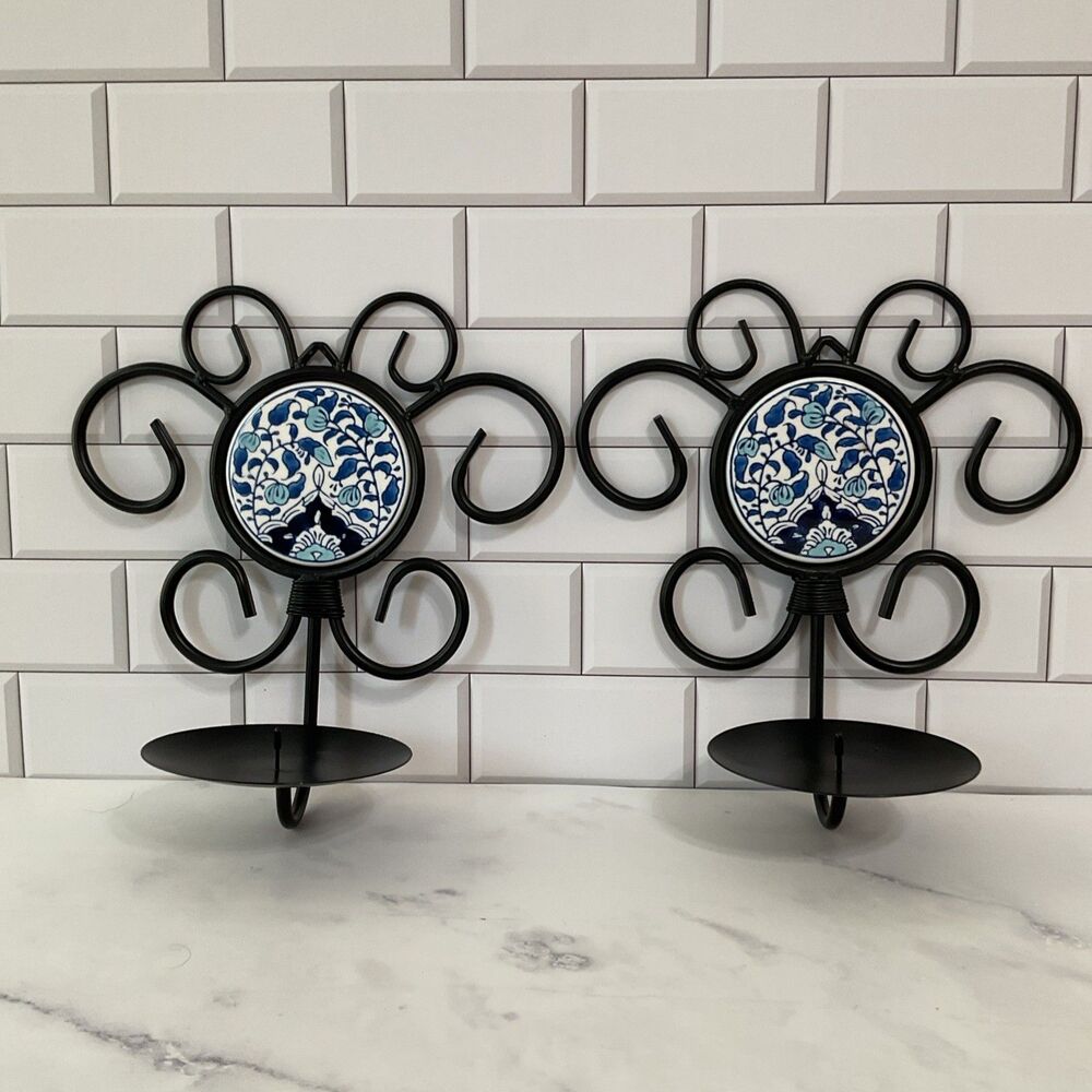 2 vintage black iron wall pillar candle holders with blue ceramic tile inserts